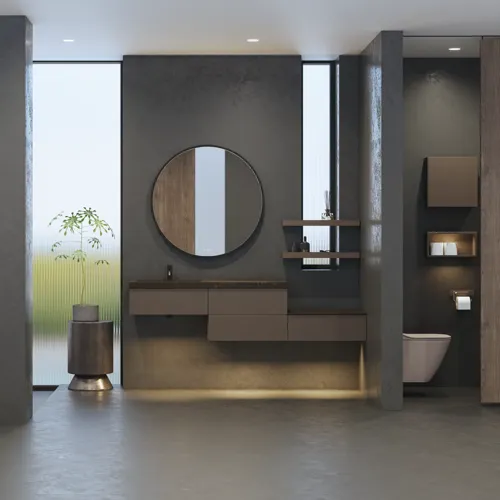 Stilvolle und geräumige Badezimmer Inspiration mit großem rundem Spiegel mit schwarzem Rahmen, dunklem Steinwaschbecken, farbigem WC, Oberschrank und offenem Regal in einem raffinierten und gedämpften Design